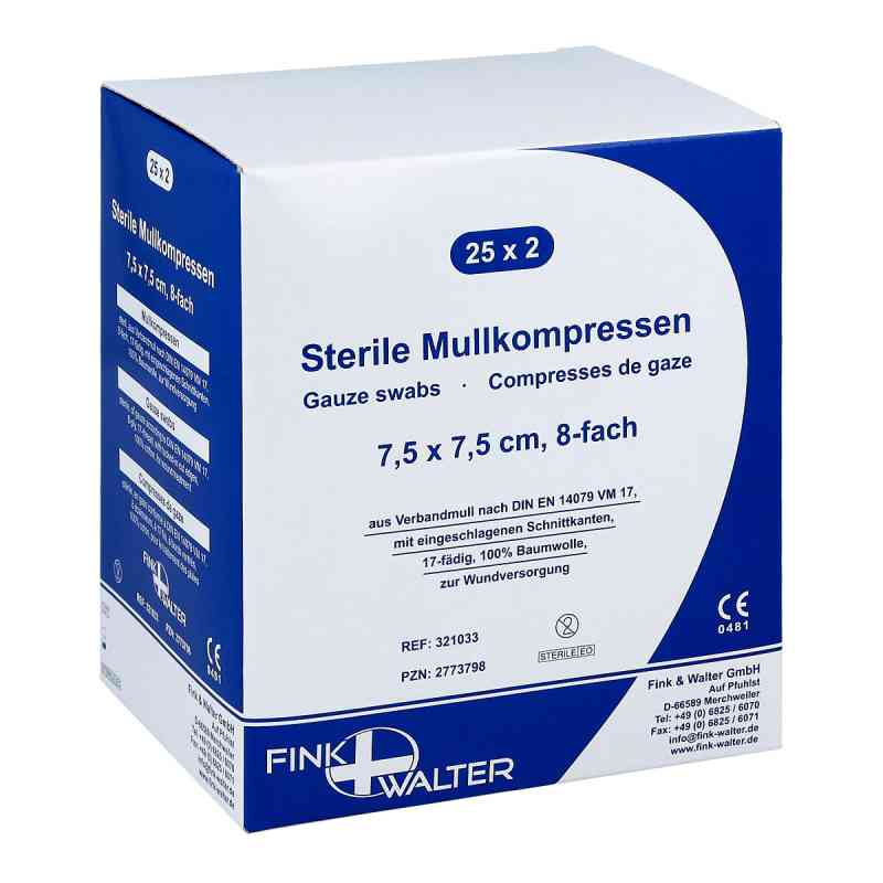 Mullkompressen 7,5x7,5 cm steril 8fach 25X2 stk von Fink & Walter GmbH PZN 02773798