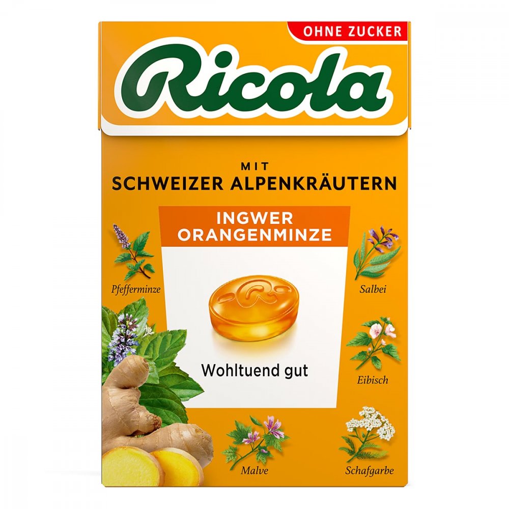 Ricola Ingwer Orangenminze Bonbons ohne Zucker Box 50 g
