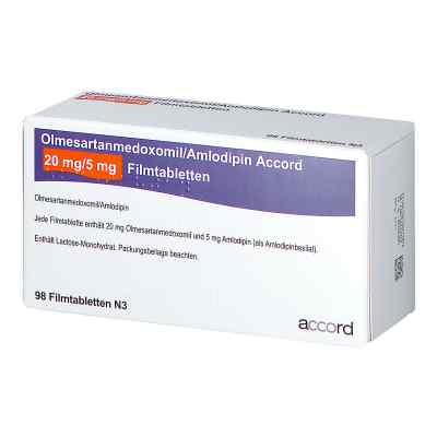 Olmesartanmedoxomil/amlodipin Accord 20 mg/5 mg 98 stk von Accord Healthcare GmbH PZN 14021187