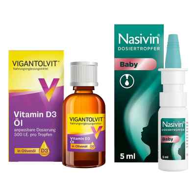 Vigantolvit Vitamin D3 öl - 500 i.E. pro Tropfen 10 ml + Nasivin 1 stk von WICK Pharma - Zweigniederlassung der Procter & Gam PZN 08102475