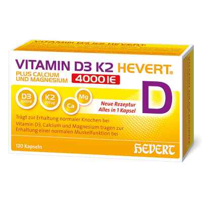 Vitamin D3 K2 Hevert + Calcium und Magnesium 4000 IE Kapseln 120 stk von Hevert-Arzneimittel GmbH & Co. KG PZN 19295713